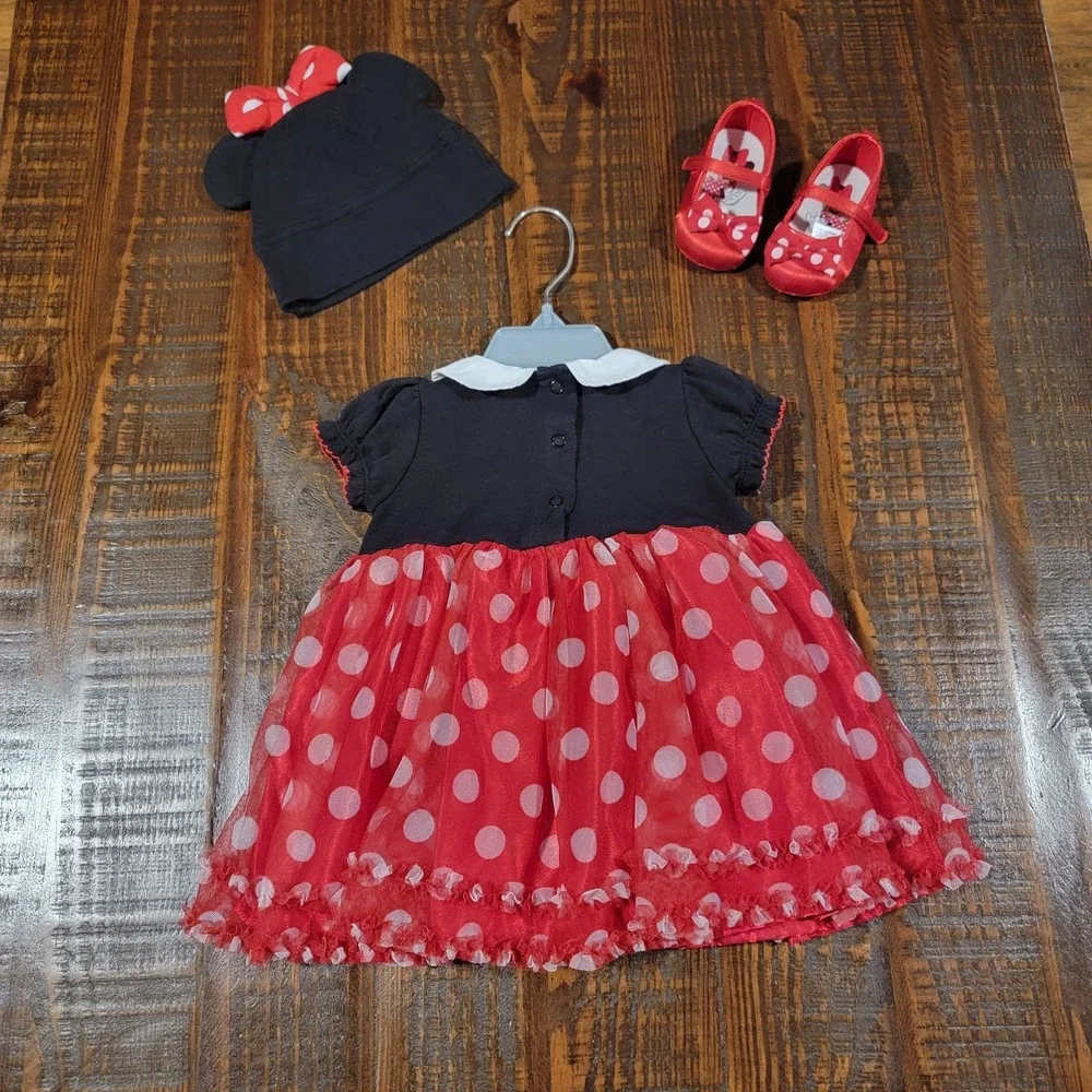 Disney Store Baby Minnie Mouse Costume Shoes Hat Minnie Mouse Ears Dress 6/9 M - Picture 3 of 6